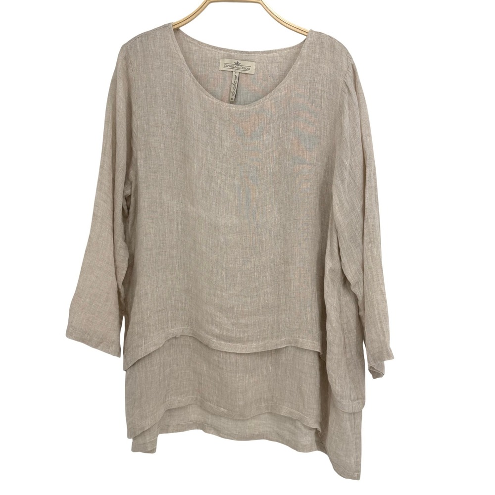 Crown Linen Designs Tunic Womens XL Oatmeal Excellent 100% Linen Layered Hem
